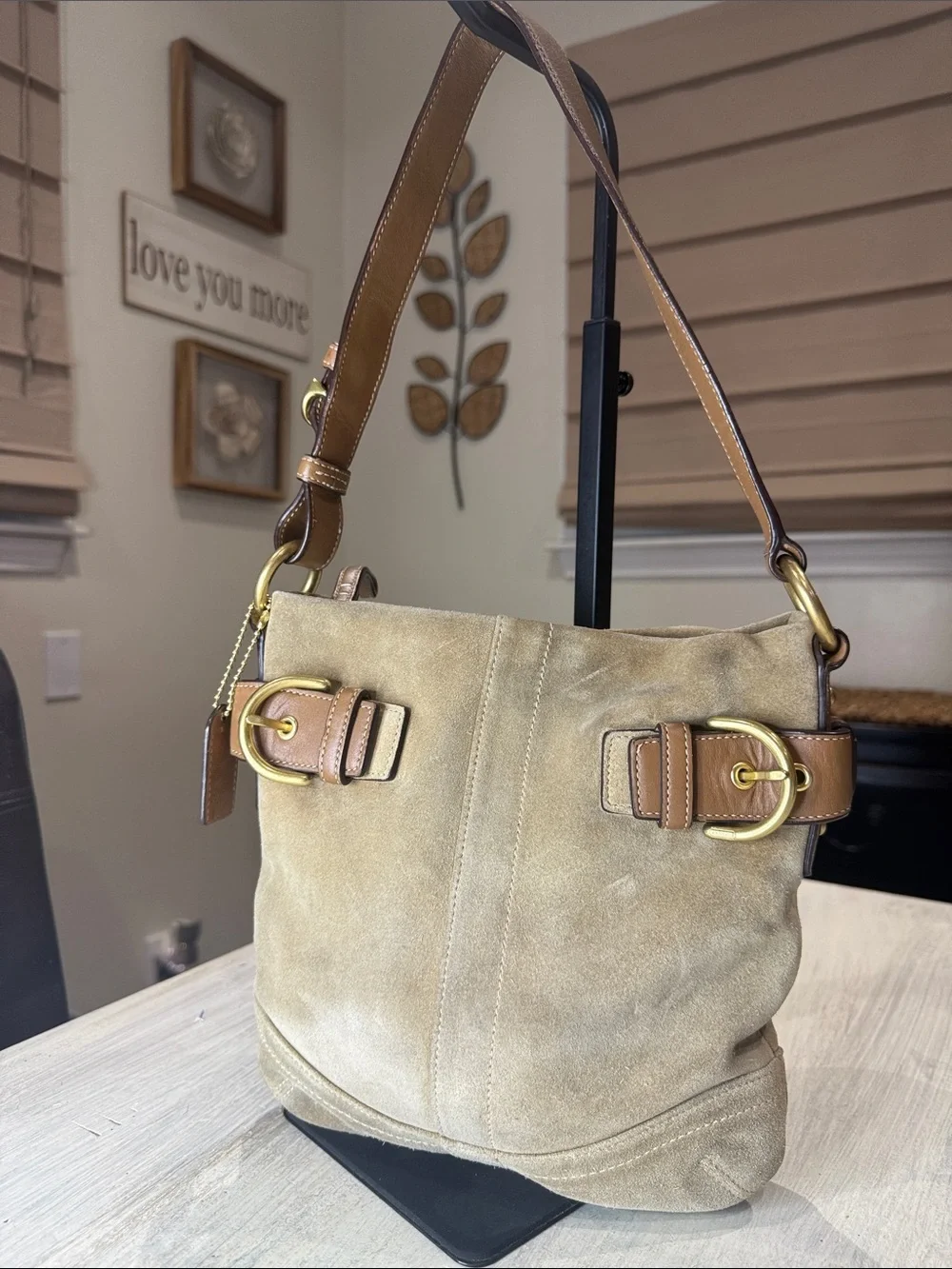 Vintage Y2K CoachTan Suede Bucket Hobo with Brown Leather Trim & Gold Hardware